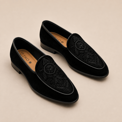 Men's Black Intricate Embroidered Vegan Leather Slip-On Loafers - Zikolifestyle
