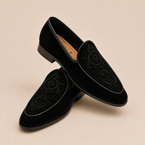 Men's Black Intricate Embroidered Vegan Leather Slip-On Loafers - Zikolifestyle