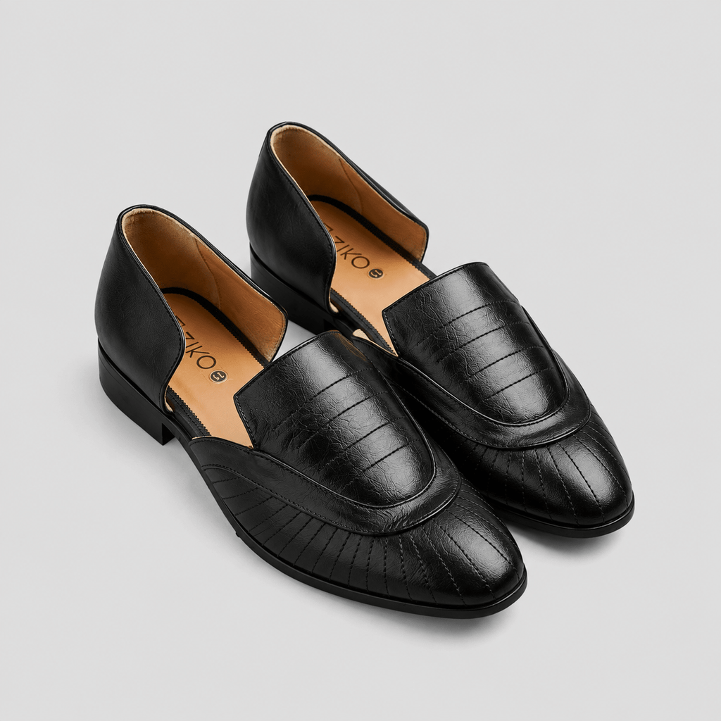 Men's Black Panel Stitch Vegan Leather Slip-On Sandals - Zikolifestyle