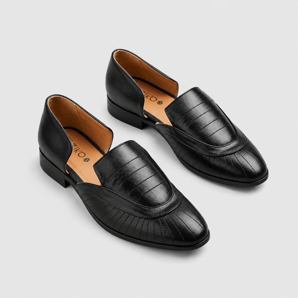 Men's Black Panel Stitch Vegan Leather Slip-On Sandals - Zikolifestyle