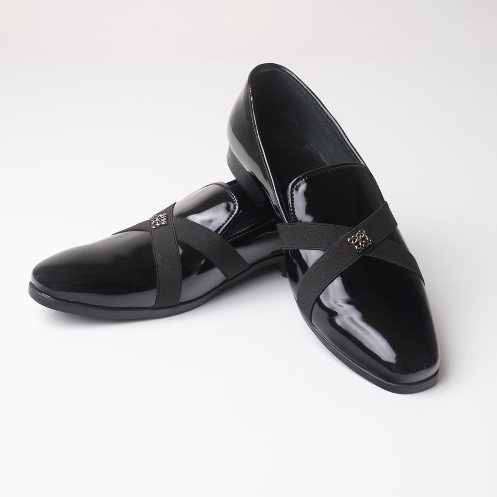 Men's Black Patent Leather Cross Strap Loafers - Zikolifestyle