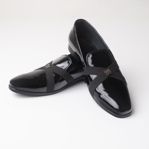 Men's Black Patent Leather Cross Strap Loafers - Zikolifestyle