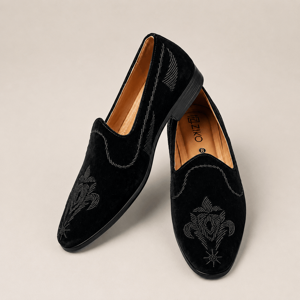 Men's Black Velvet Embroidered Designer Slip-On Loafers - Zikolifestyle