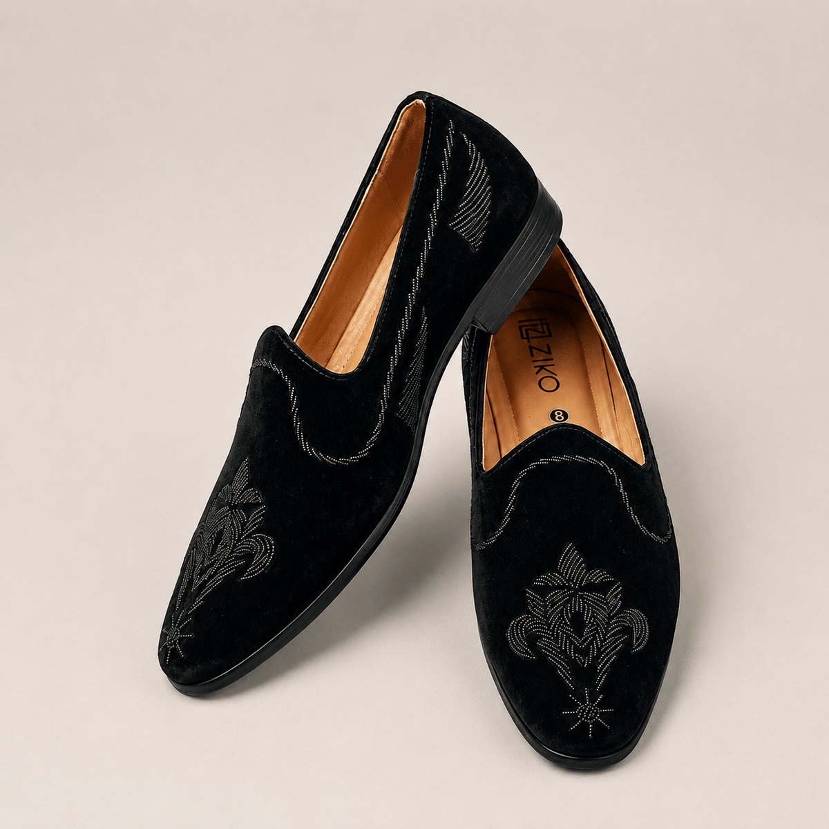Men's Black Velvet Embroidered Designer Slip-On Loafers - Zikolifestyle