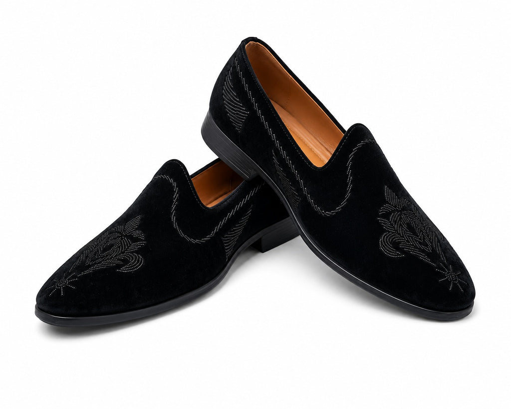 Men's Black Velvet Embroidered Designer Slip-On Loafers