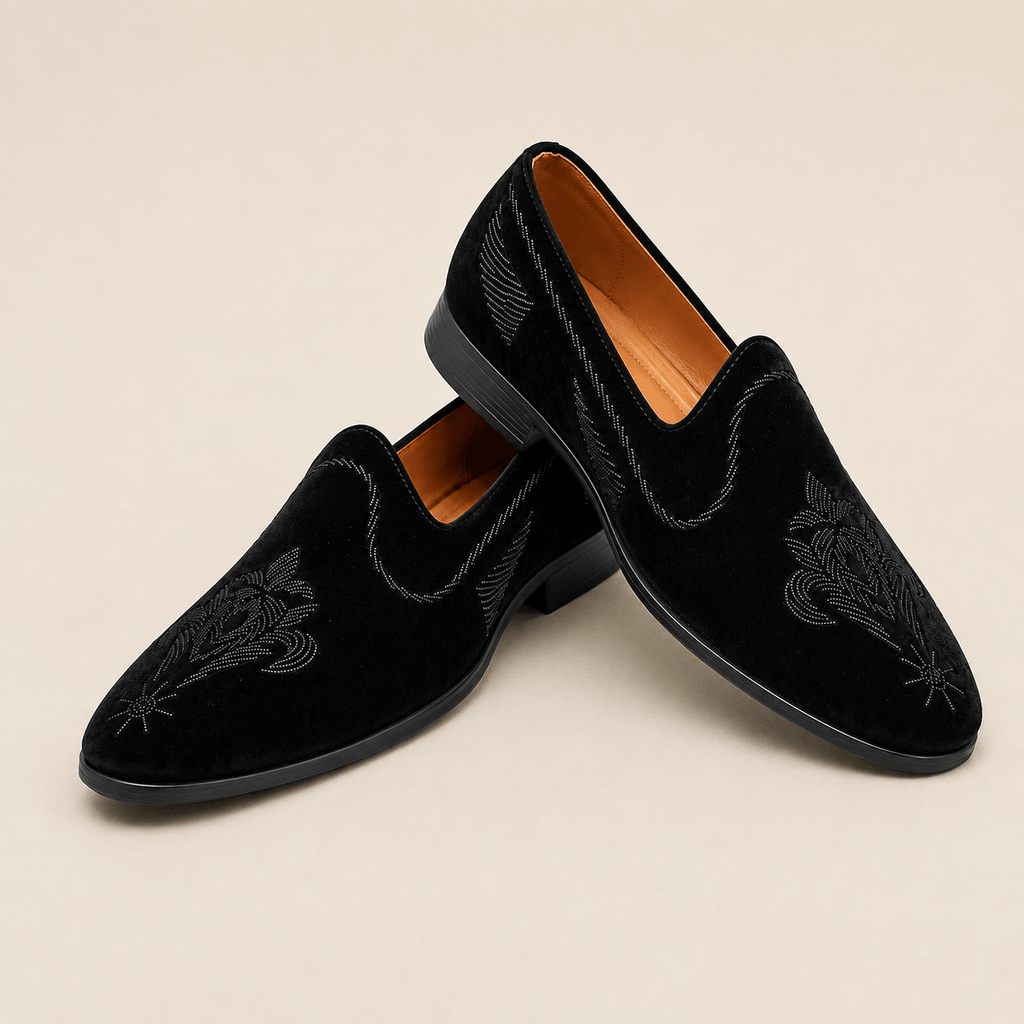 Men's Black Velvet Embroidered Designer Slip-On Loafers - Zikolifestyle