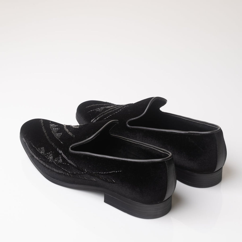 Men's Black Velvet Embroidered Slip-On Loafers - Zikolifestyle
