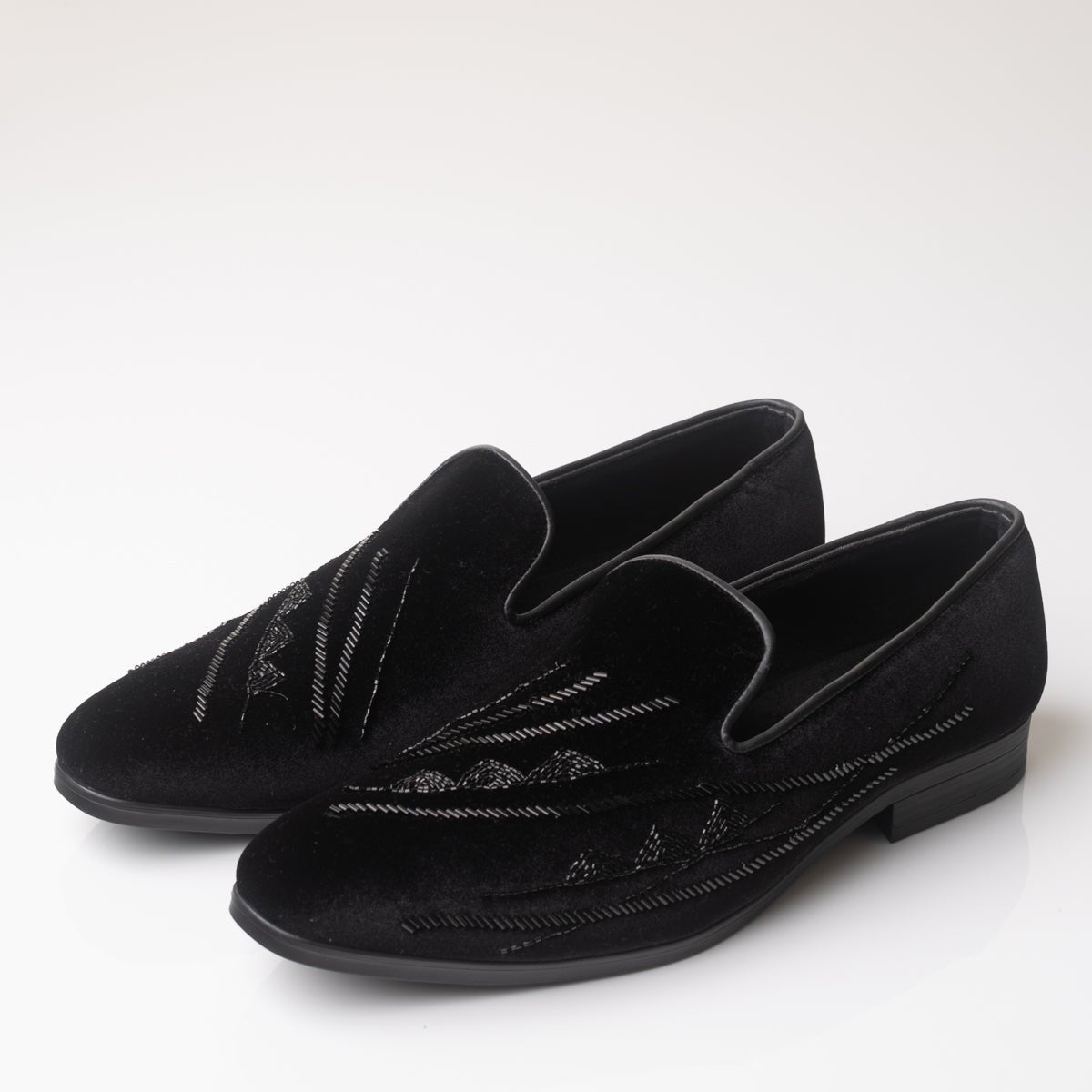 Men's Black Velvet Embroidered Slip-On Loafers - Zikolifestyle