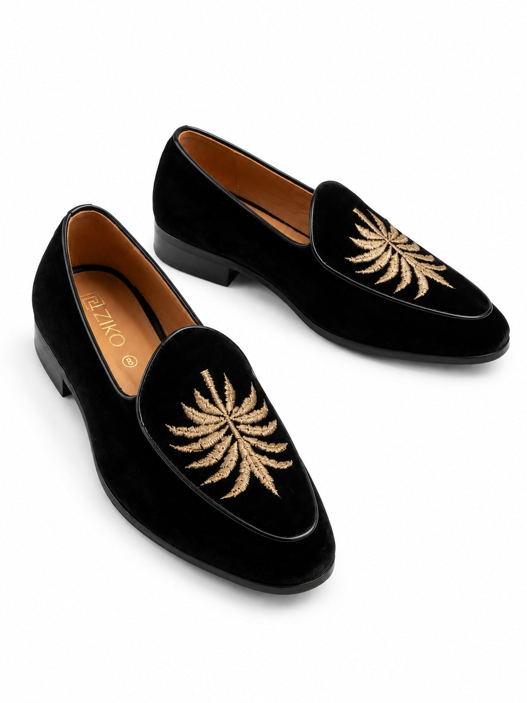 Men's Black Velvet Gold Embroidered Slip-On Loafers
