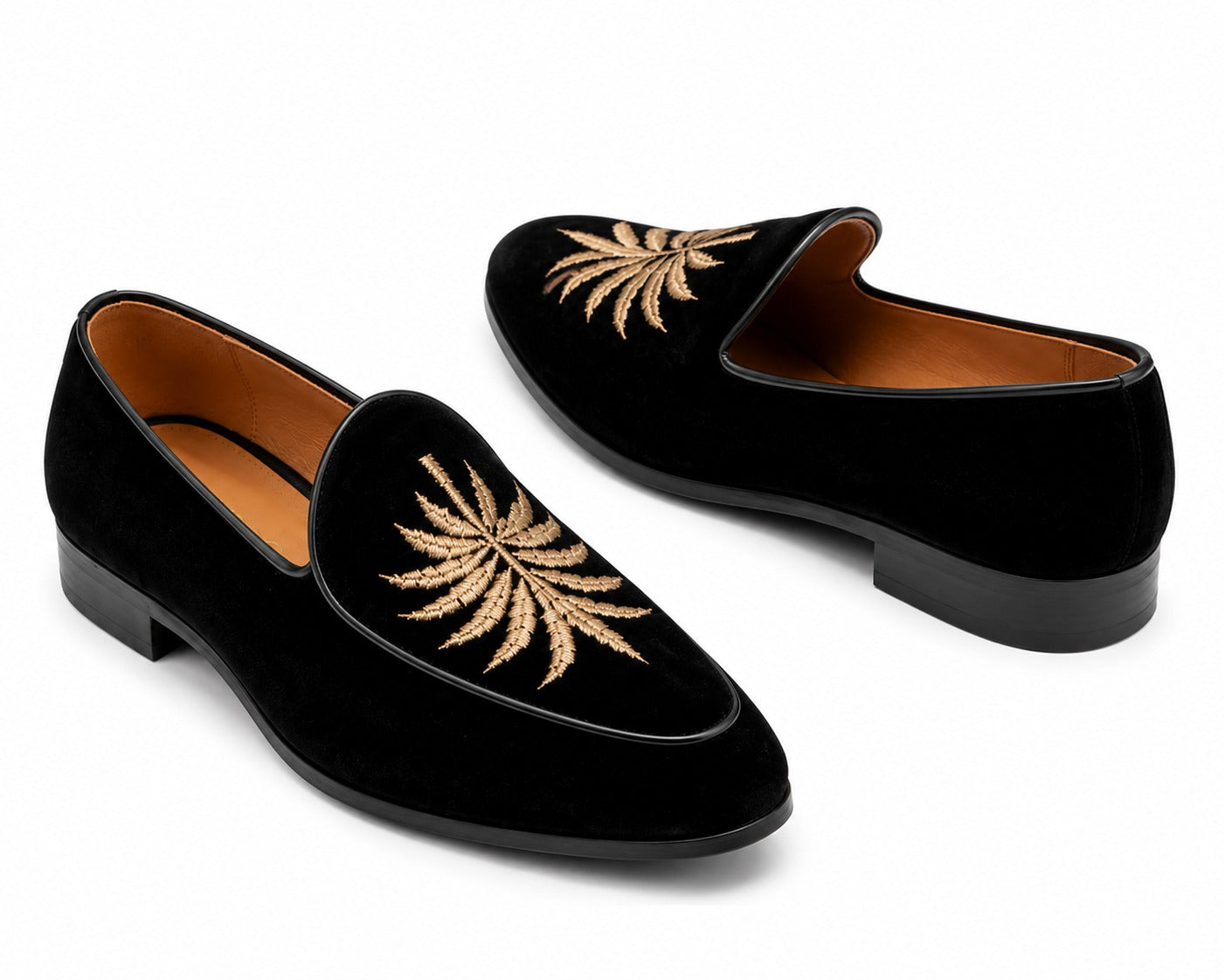 Men's Black Velvet Gold Embroidered Slip-On Loafers