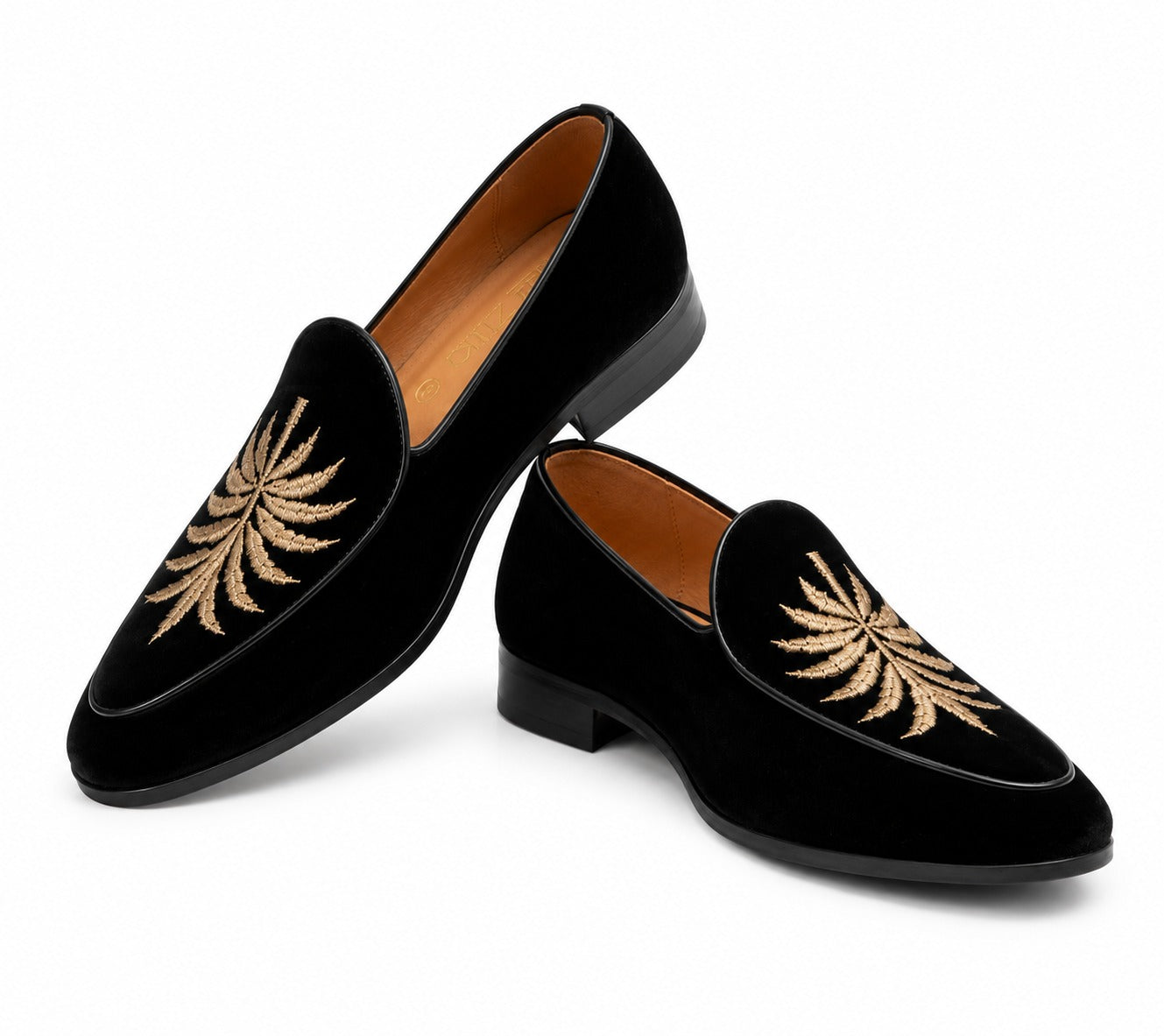 Men's Black Velvet Gold Embroidered Slip-On Loafers