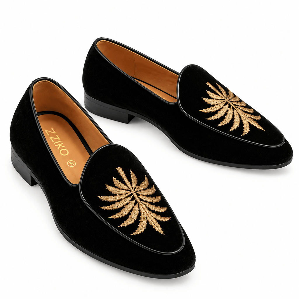 Men's Black Velvet Gold Embroidered Slip-On Loafers - Zikolifestyle