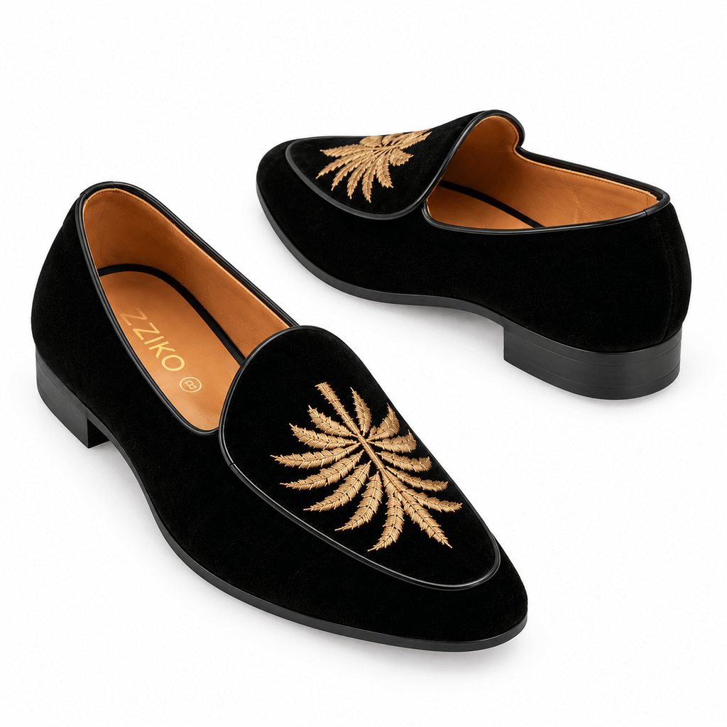 Men's Black Velvet Gold Embroidered Slip-On Loafers - Zikolifestyle