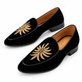 Men's Black Velvet Gold Embroidered Slip-On Loafers - Zikolifestyle