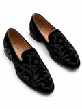 Men's Black Velvet Jacquard Designer Slip-On Loafers