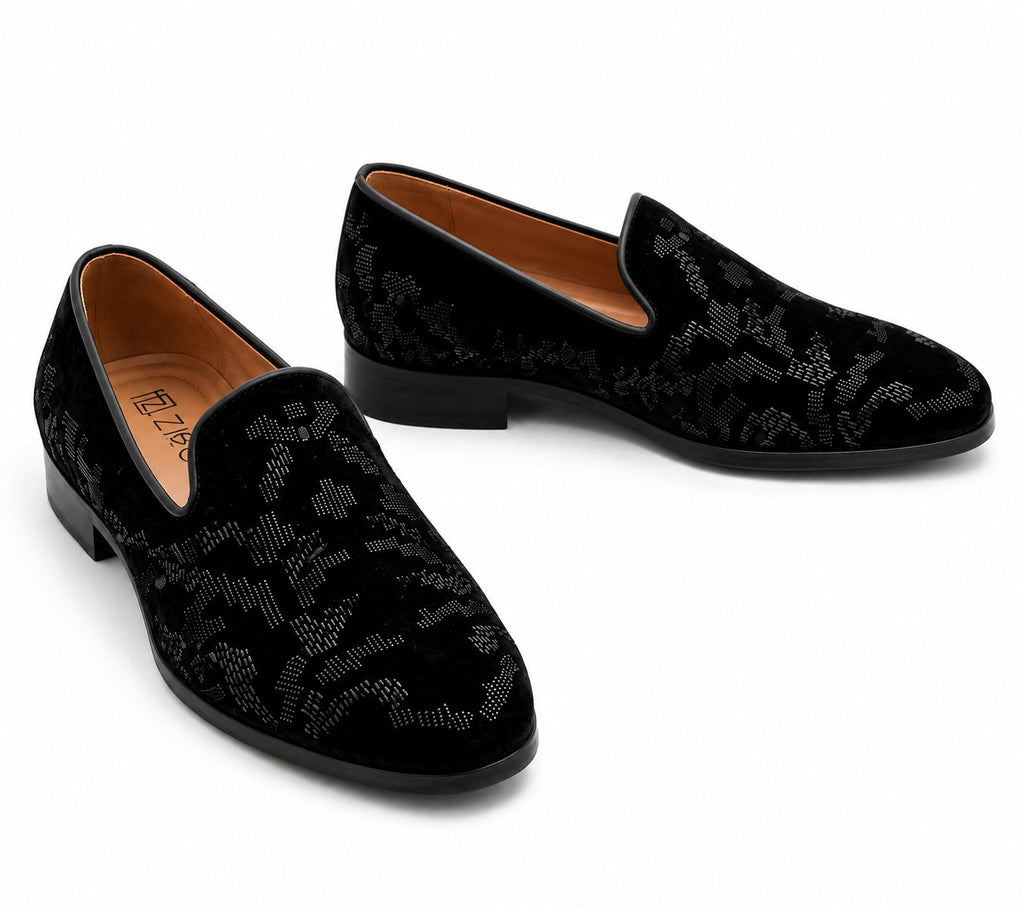 Men's Black Velvet Jacquard Designer Slip-On Loafers
