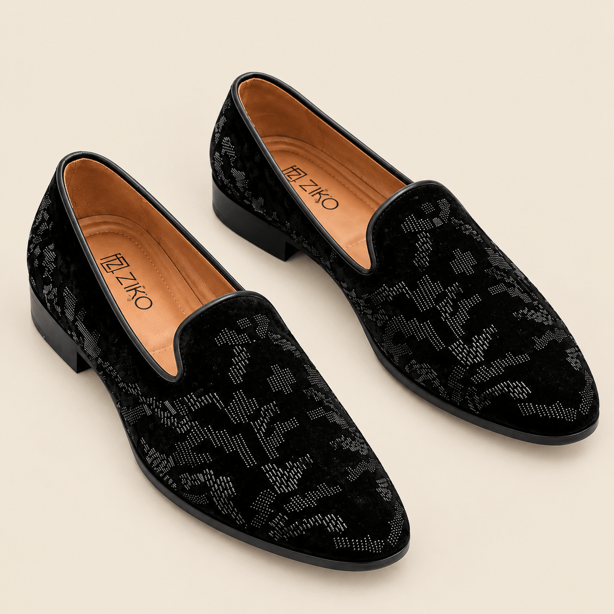 Men's Black Velvet Jacquard Designer Slip-On Loafers - Zikolifestyle
