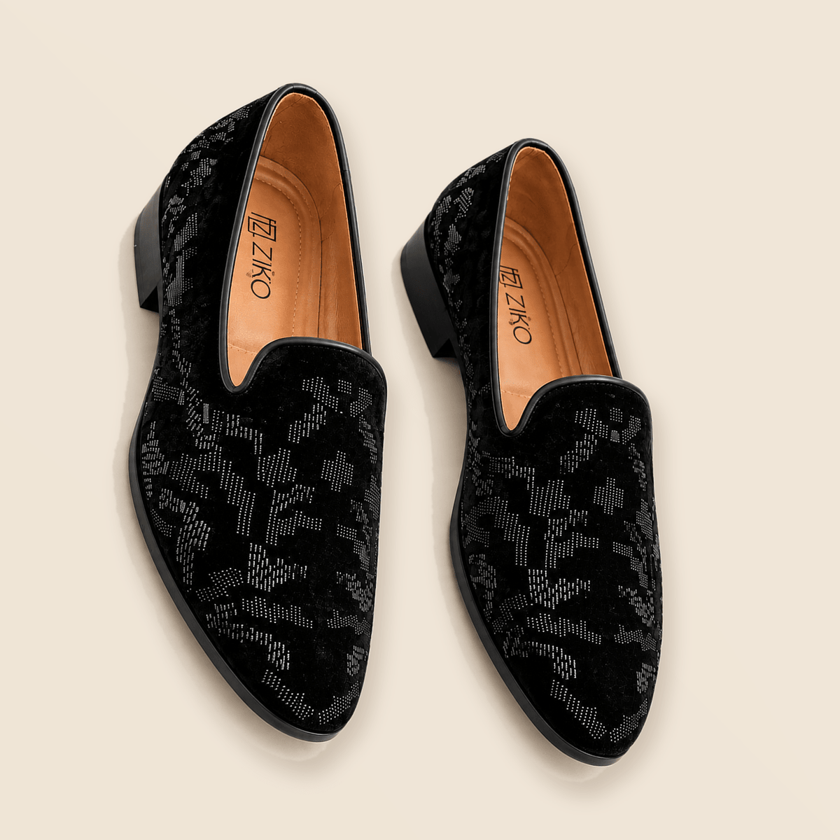 Men's Black Velvet Jacquard Designer Slip-On Loafers - Zikolifestyle