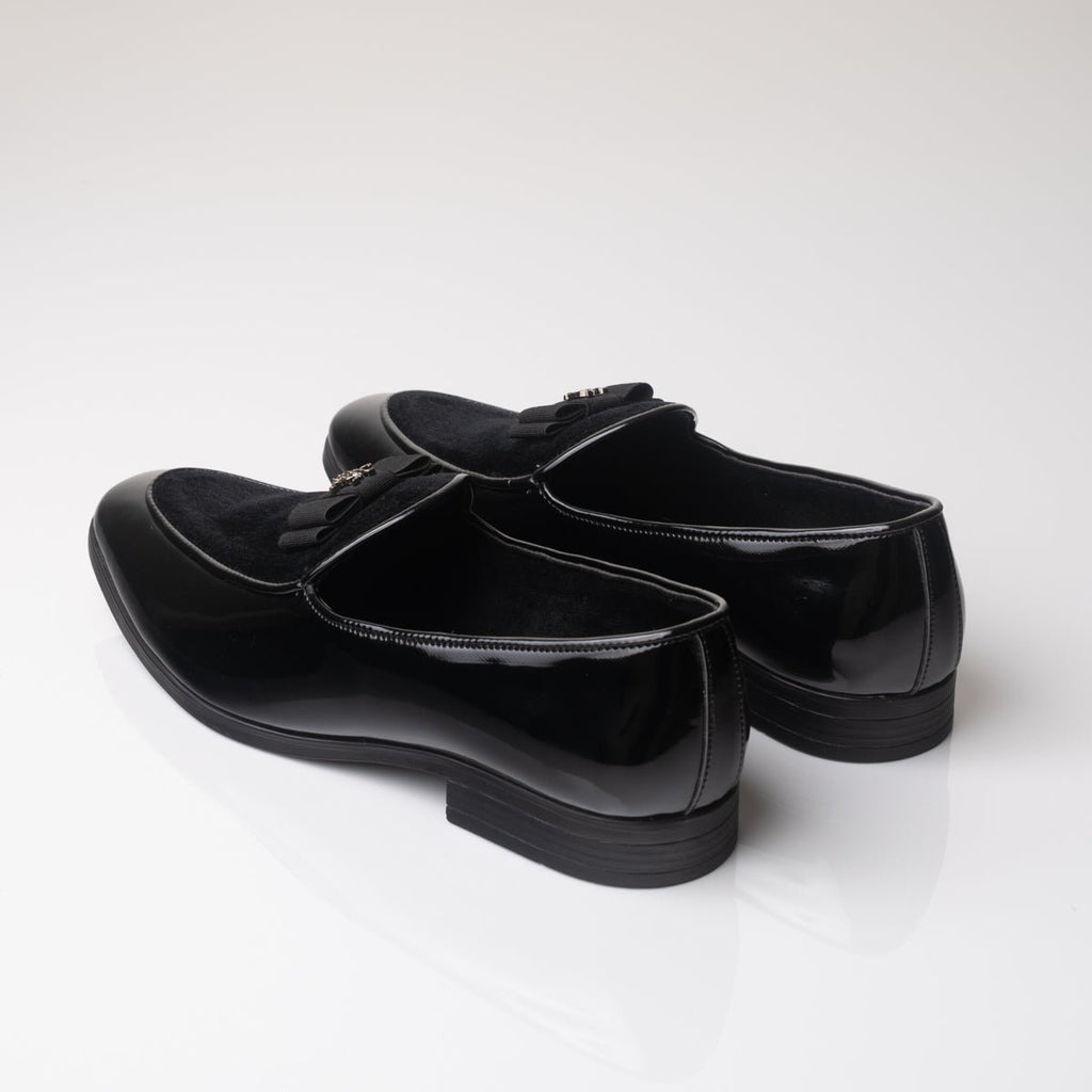 Men's Black Velvet Patent Leather Bow Loafers - Zikolifestyle