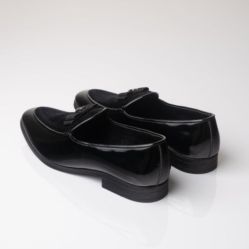 Men's Black Velvet Patent Leather Bow Loafers - Zikolifestyle