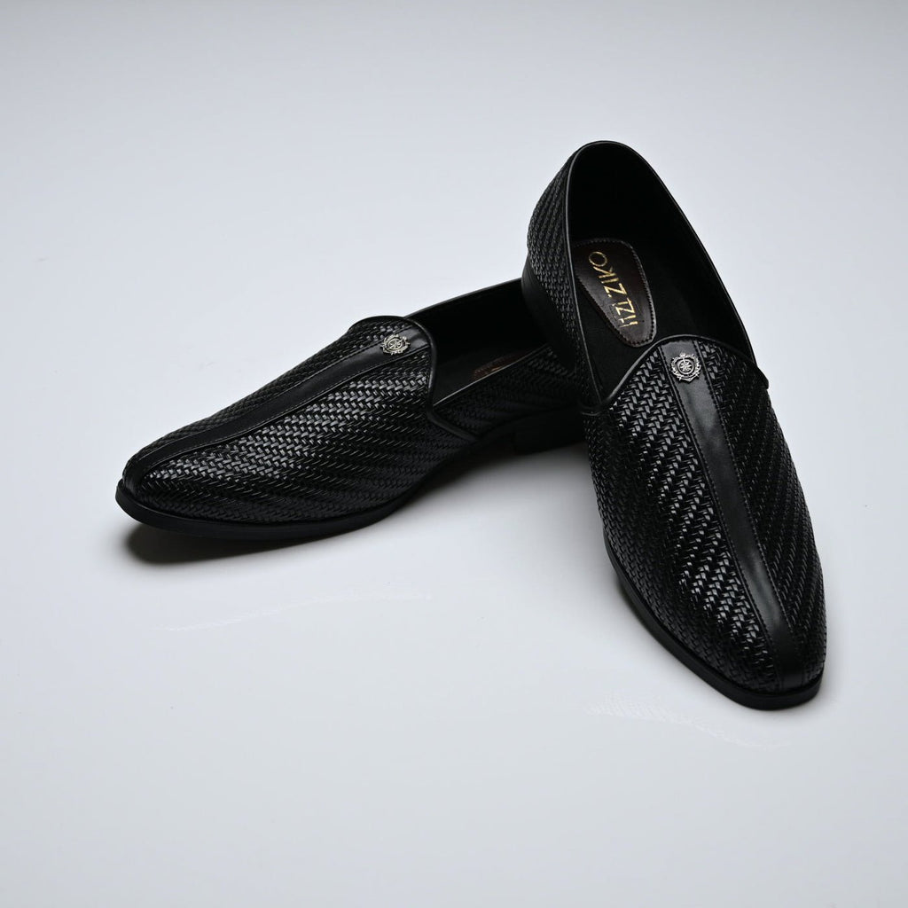 Men's Black Woven Textured Slip-On Loafers - Zikolifestyle