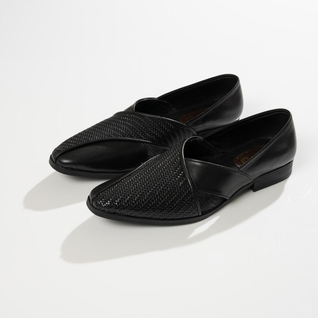 Men's Black Woven Vegan Leather Side Cut Slip-On Shoes - Zikolifestyle