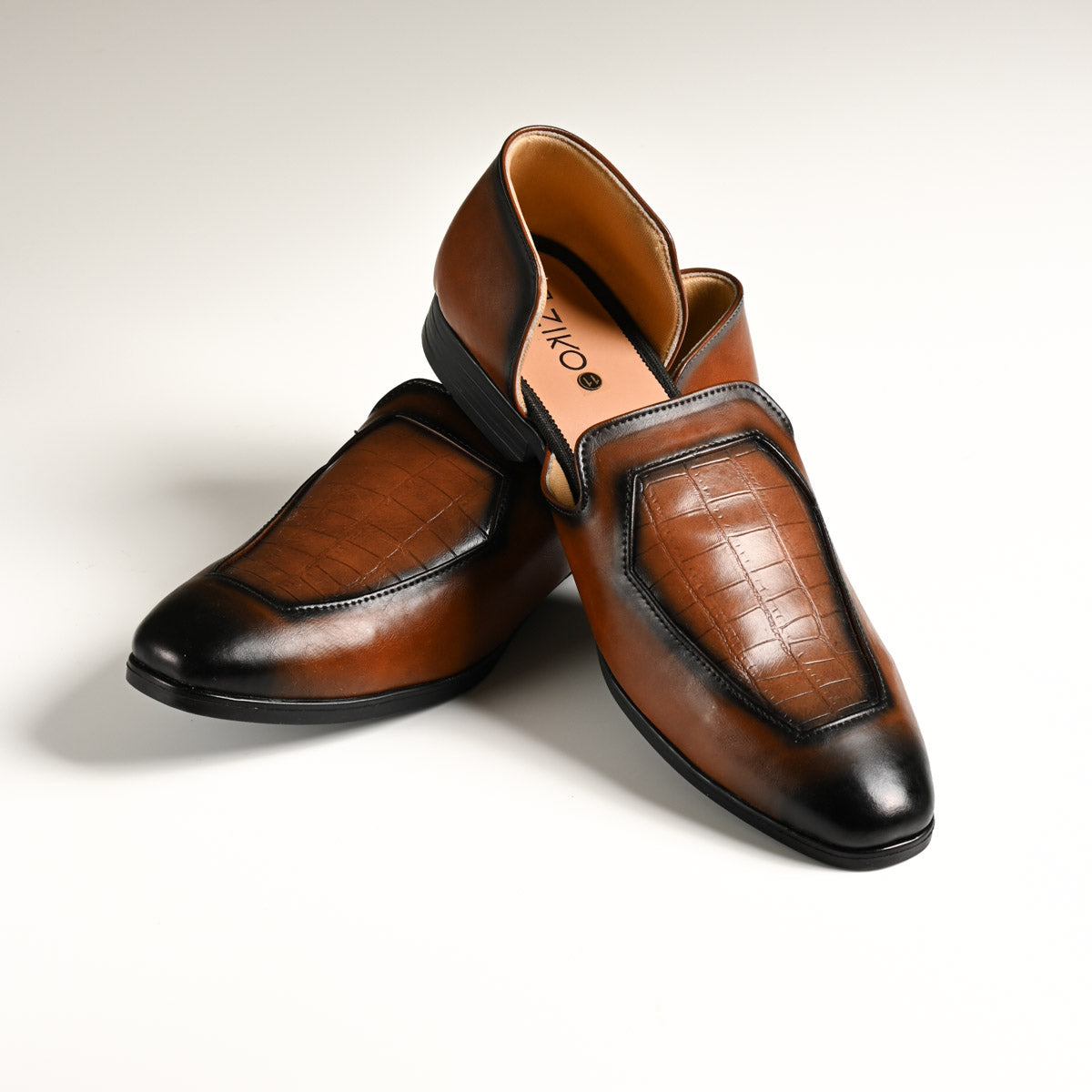 Men's Brown Black-Toe Embossed Textured Designer Slip-On Loafers
