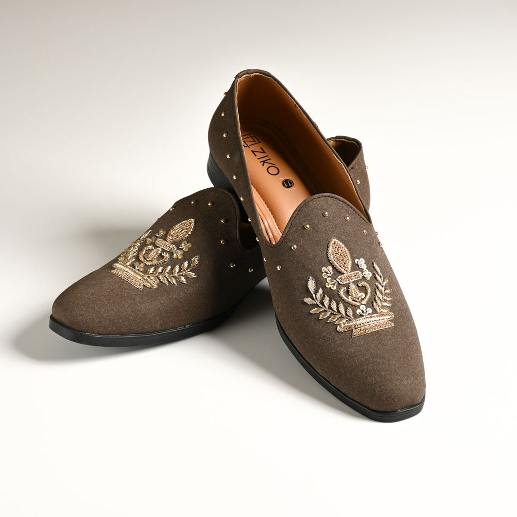 Men's Brown Embroidered Studded Designer Slip-On Loafers