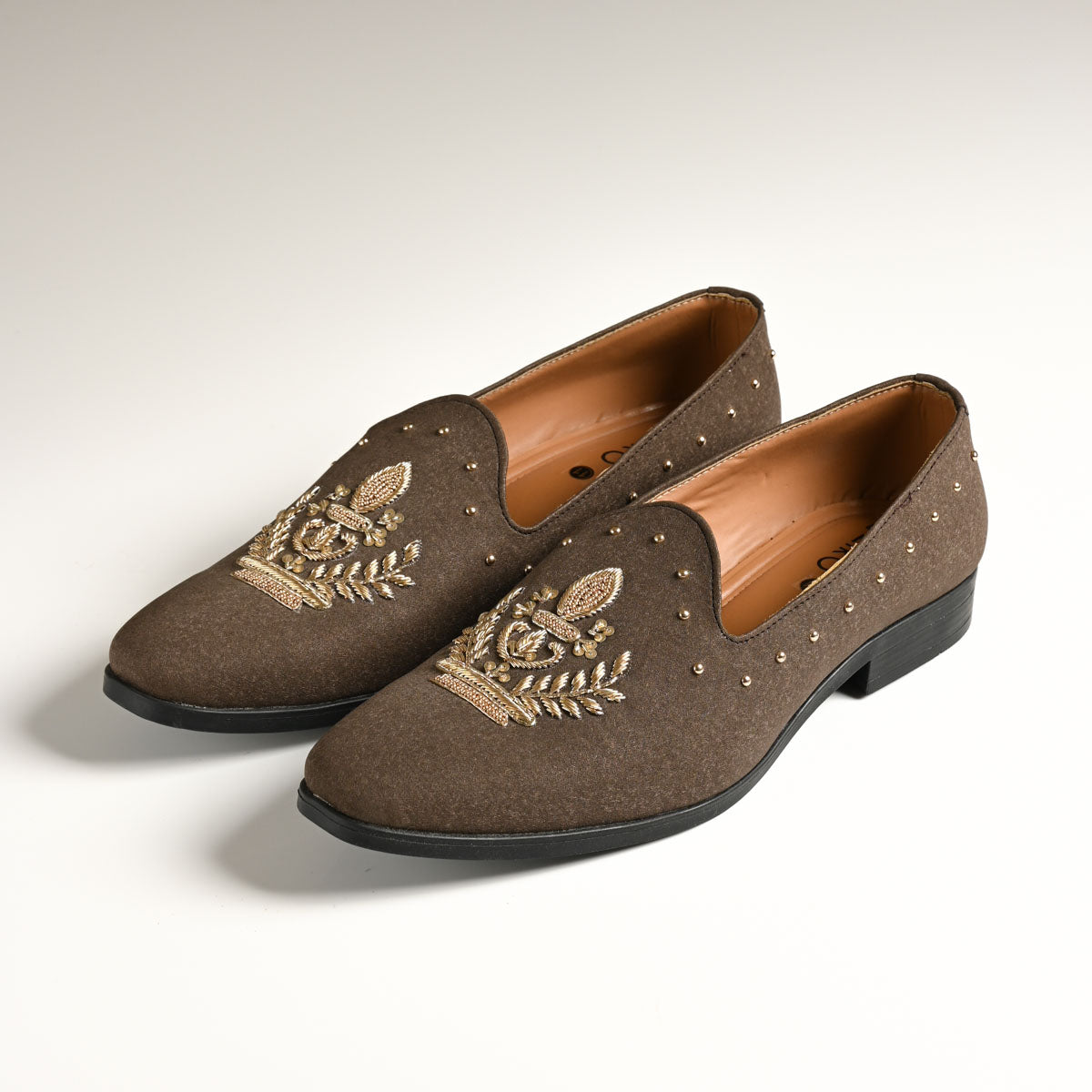Men's Brown Embroidered Studded Designer Slip-On Loafers