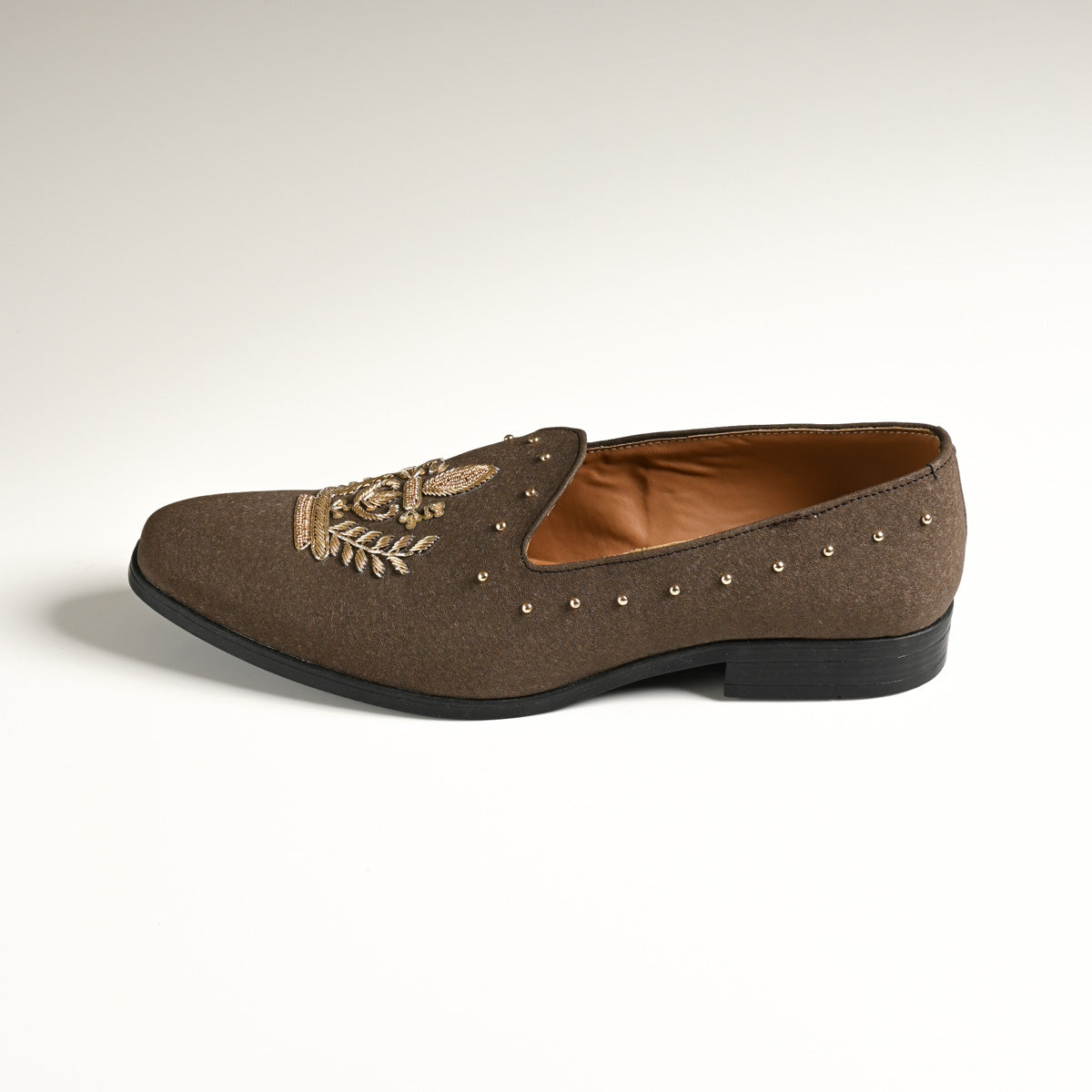Men's Brown Embroidered Studded Designer Slip-On Loafers
