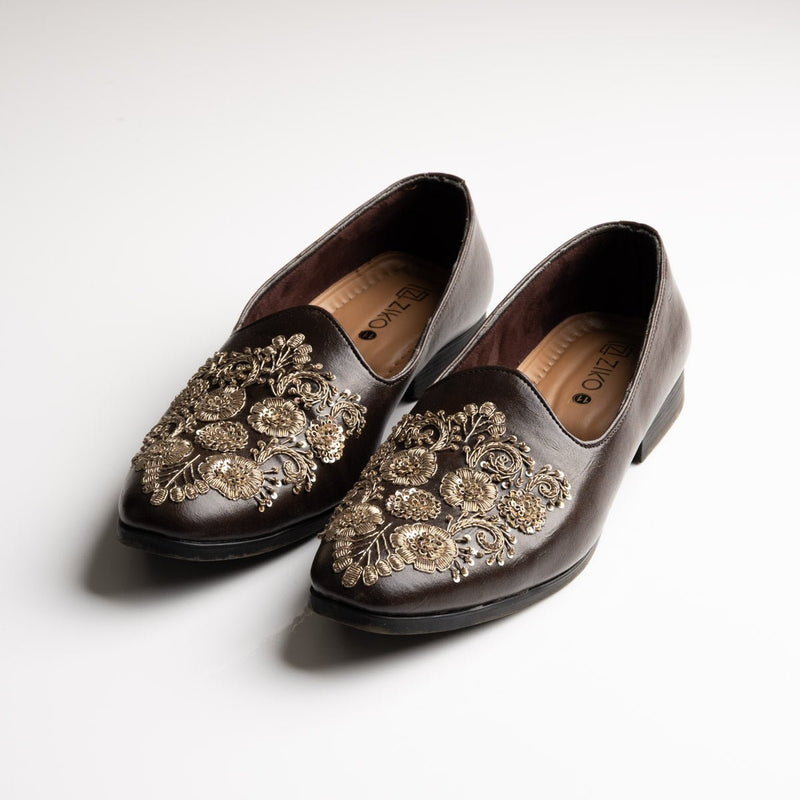 Men's Brown Floral Embroidered Vegan Leather Slip-On Loafers - Zikolifestyle