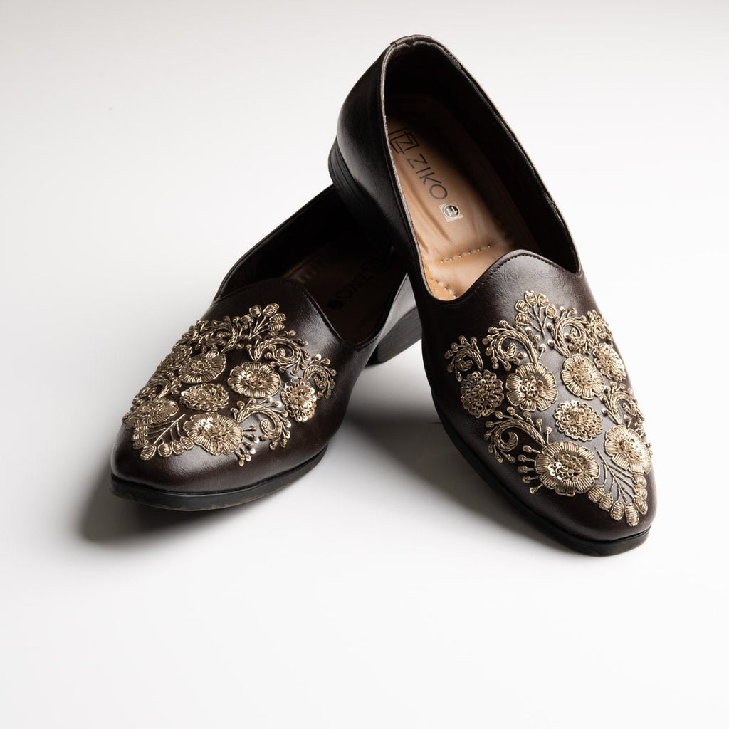 Men's Brown Floral Embroidered Vegan Leather Slip-On Loafers - Zikolifestyle
