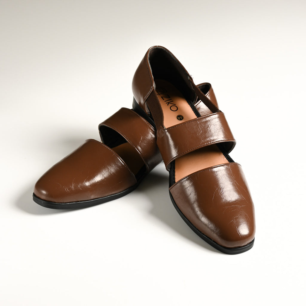 Men's Brown Glossy Closed-Toe Double-Strap Designer Sandals