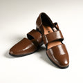 Men's Brown Glossy Closed-Toe Double-Strap Designer Sandals