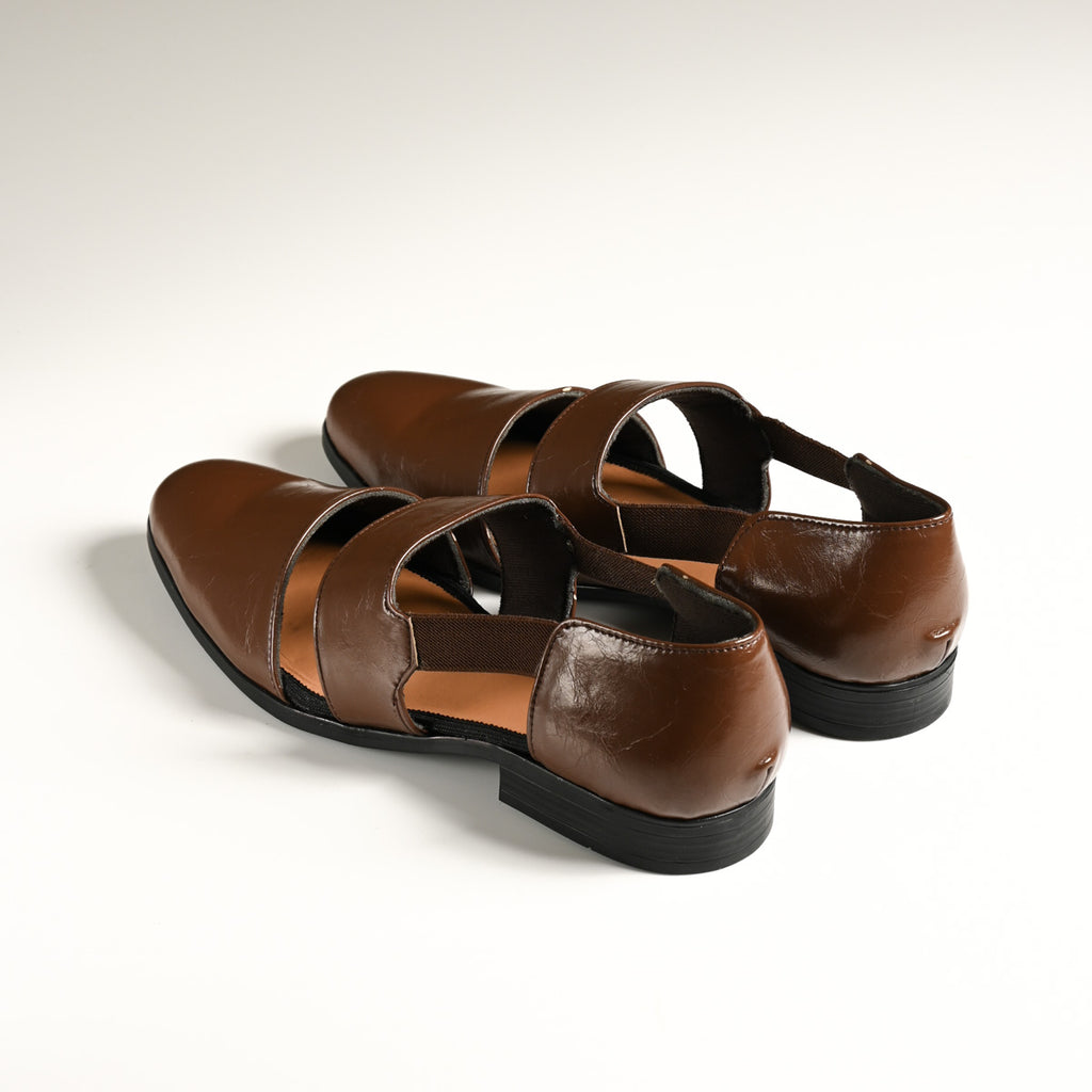 Men's Brown Glossy Closed-Toe Double-Strap Designer Sandals