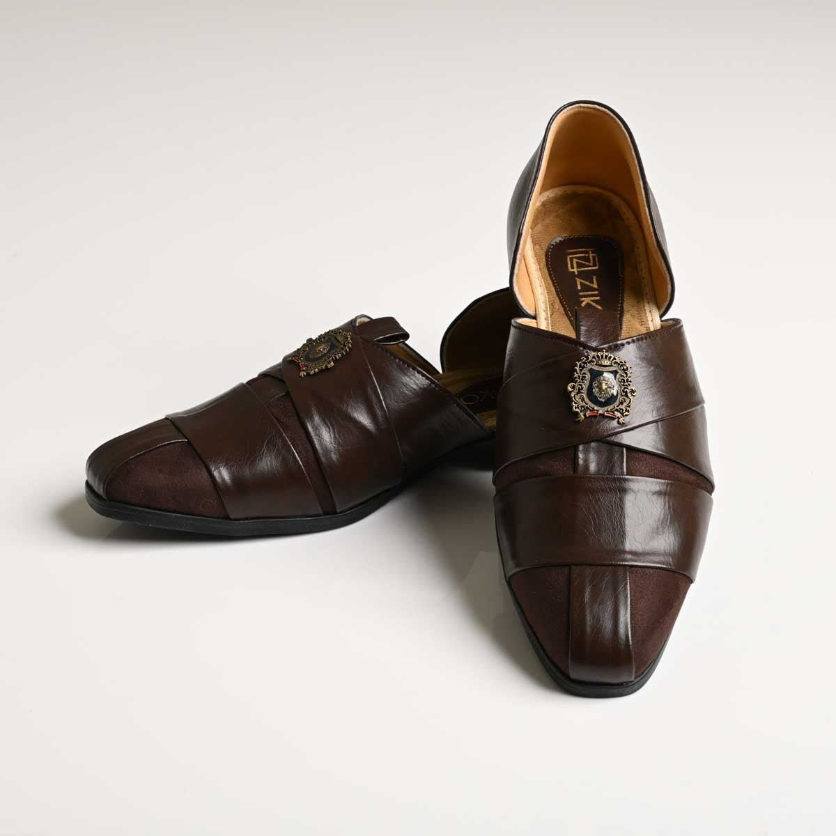 Men's Brown Layered Strap Vegan Leather Ethnic Slip-On Shoes - Zikolifestyle