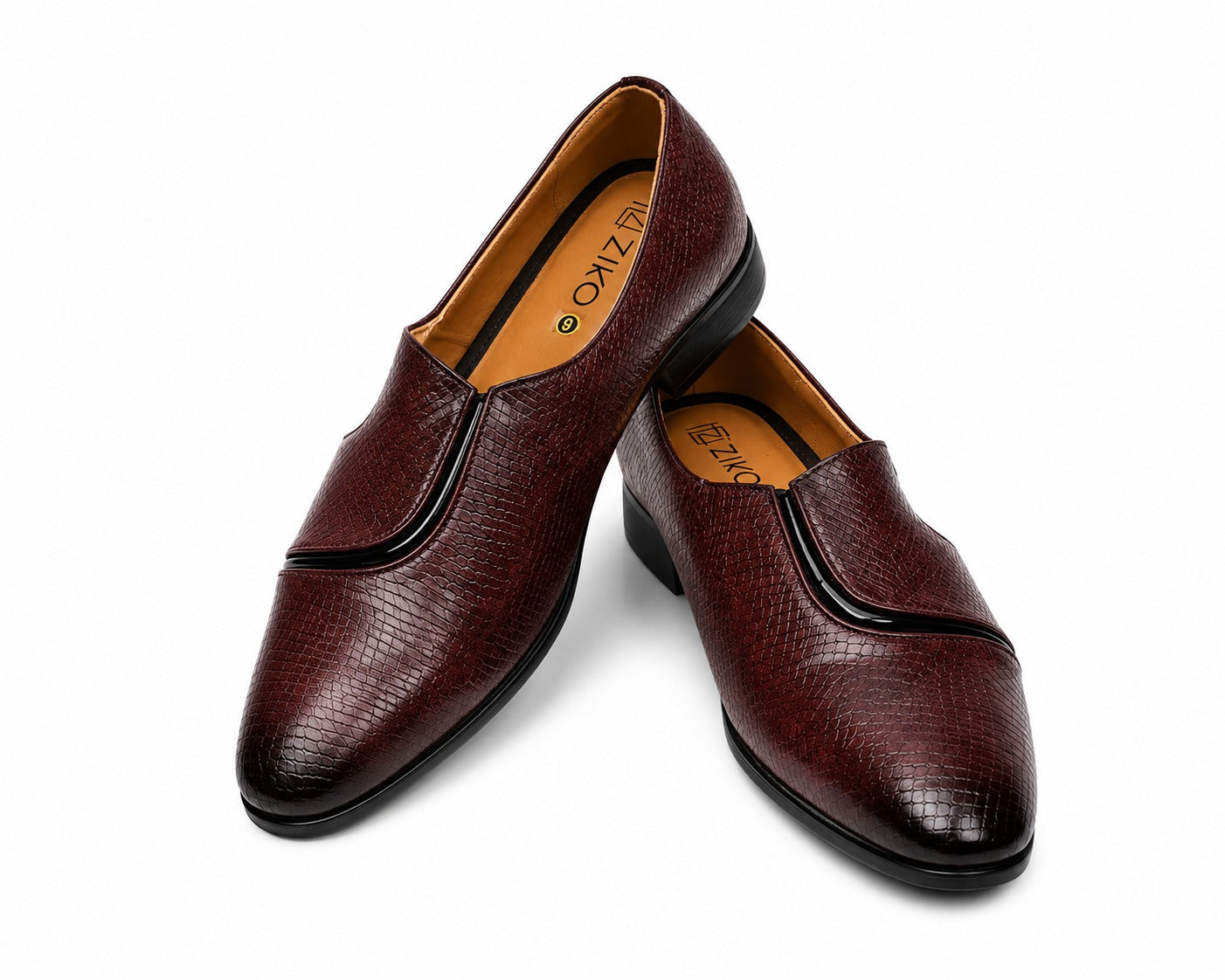 Men's Burgundy Croc Texture Center Stripe Vegan Leather Slip-On Loafers