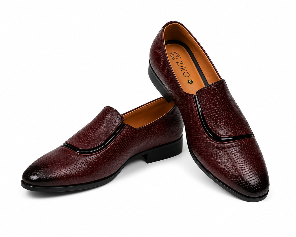 Men's Burgundy Croc Texture Center Stripe Vegan Leather Slip-On Loafers