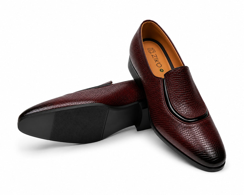 Men's Burgundy Croc Texture Center Stripe Vegan Leather Slip-On Loafers