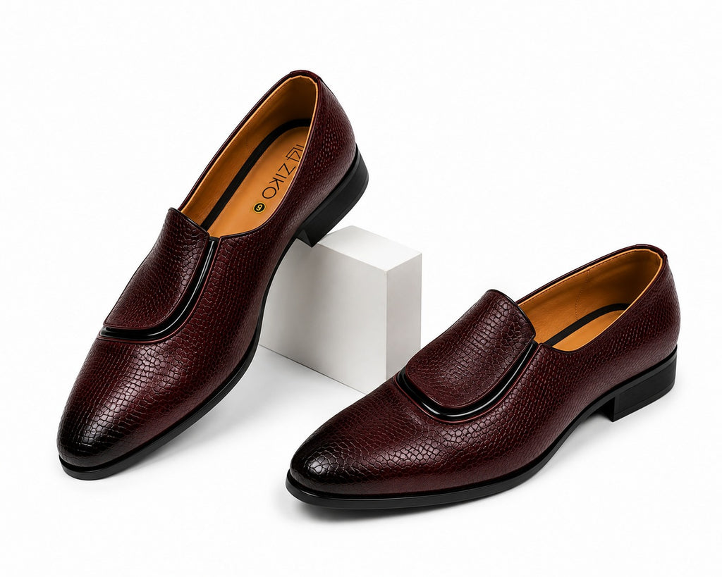 Men's Burgundy Croc Texture Center Stripe Vegan Leather Slip-On Loafers