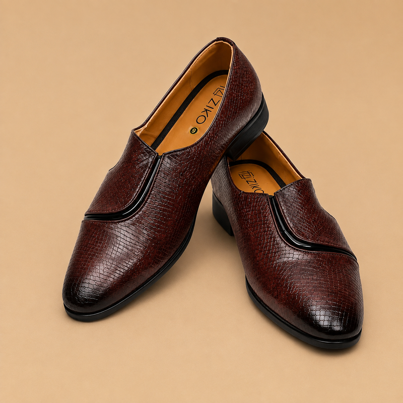 Men's Burgundy Croc Texture Center Stripe Vegan Leather Slip-On Loafers