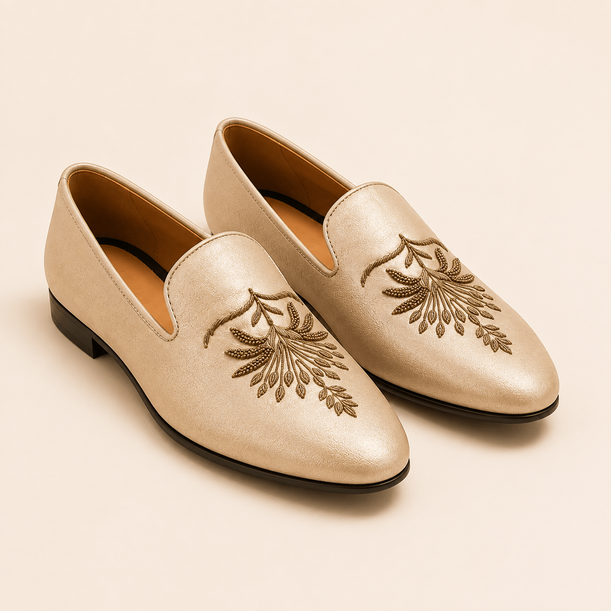 Men's Champagne Gold Embroidered Vegan Leather Slip-On Loafers - Zikolifestyle