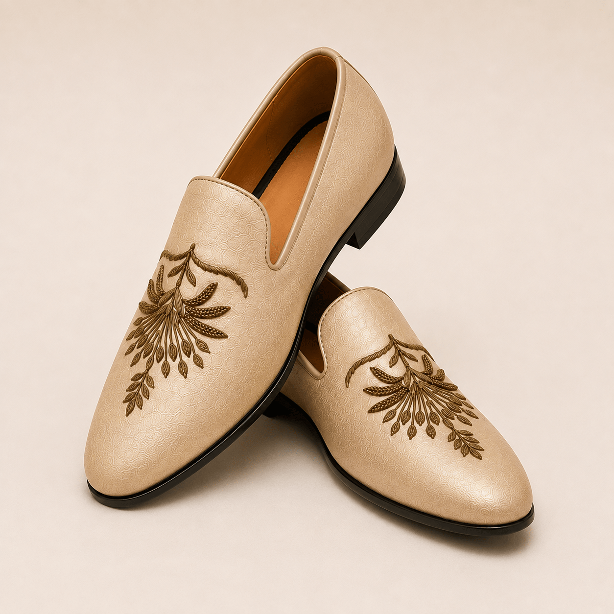 Men's Champagne Gold Embroidered Vegan Leather Slip-On Loafers - Zikolifestyle