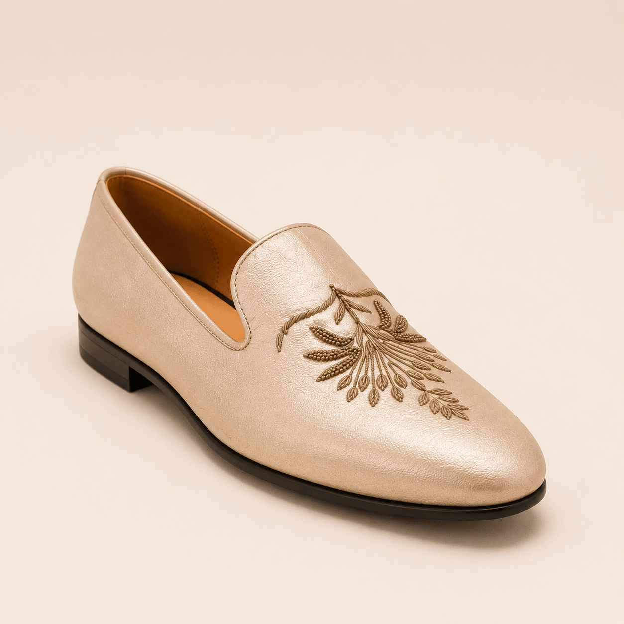 Men's Champagne Gold Embroidered Vegan Leather Slip-On Loafers - Zikolifestyle