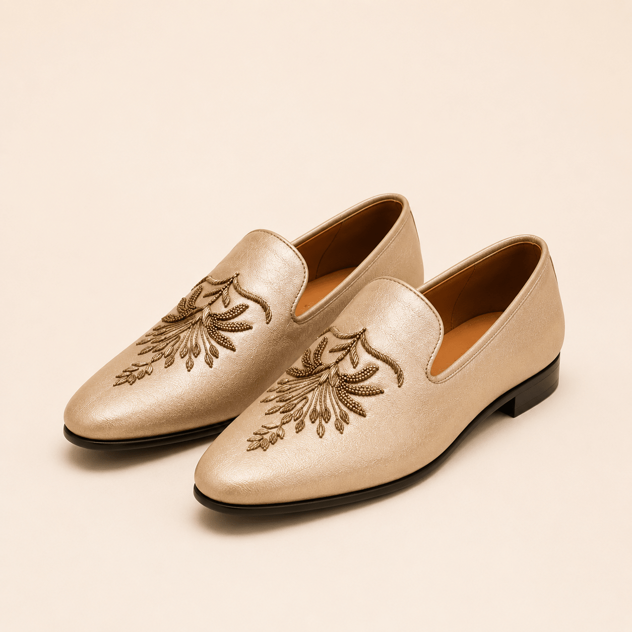 Men's Champagne Gold Embroidered Vegan Leather Slip-On Loafers - Zikolifestyle