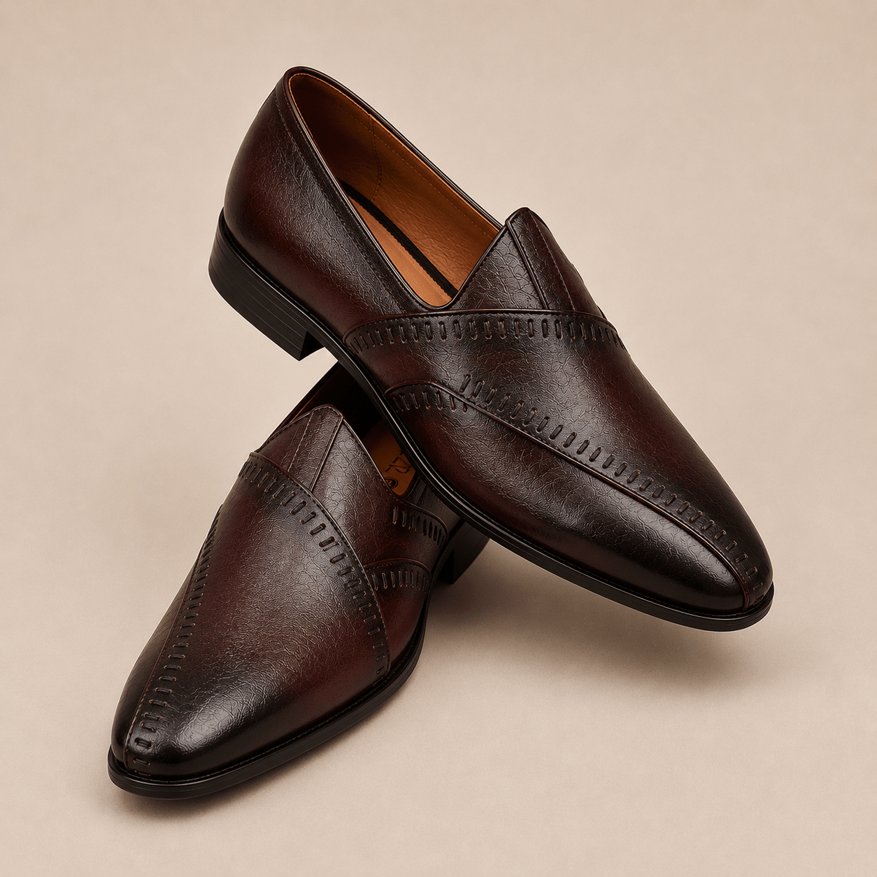 Men's Dark Brown Cross Stitch Vegan Leather Slip-On Loafers - Zikolifestyle