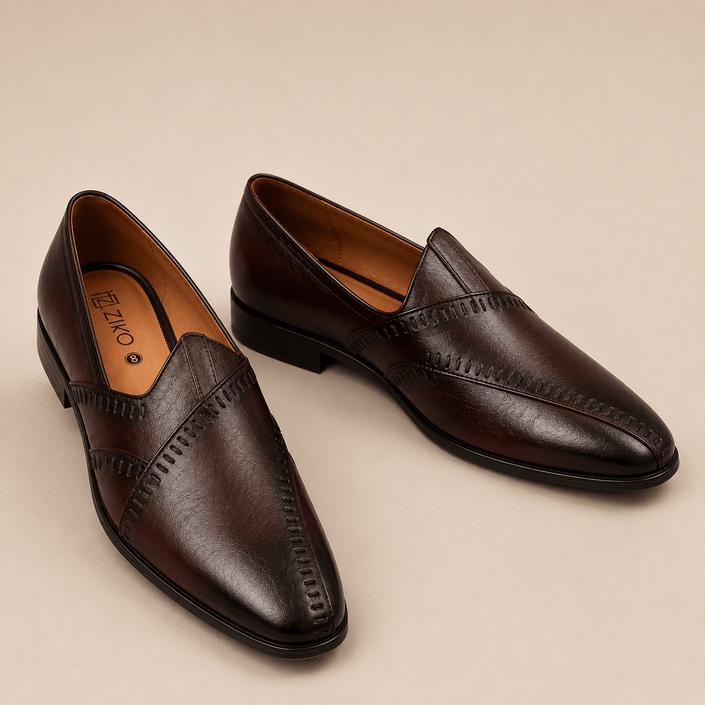 Men's Dark Brown Cross Stitch Vegan Leather Slip-On Loafers - Zikolifestyle