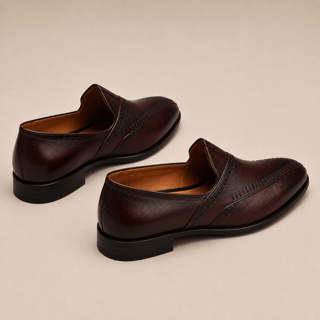Men's Dark Brown Cross Stitch Vegan Leather Slip-On Loafers - Zikolifestyle