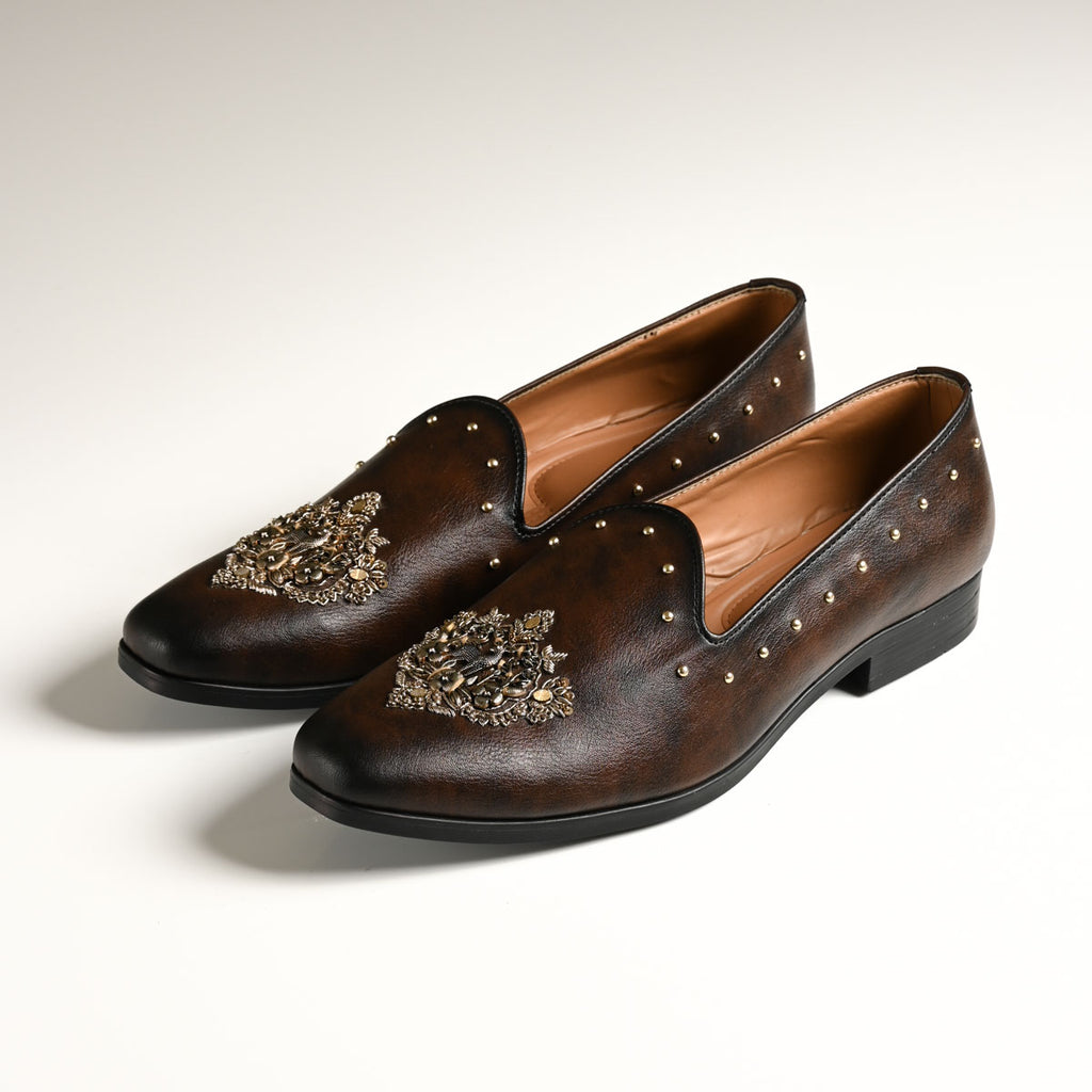Men's Dark Brown Embellished Studded Designer Slip-On Loafers