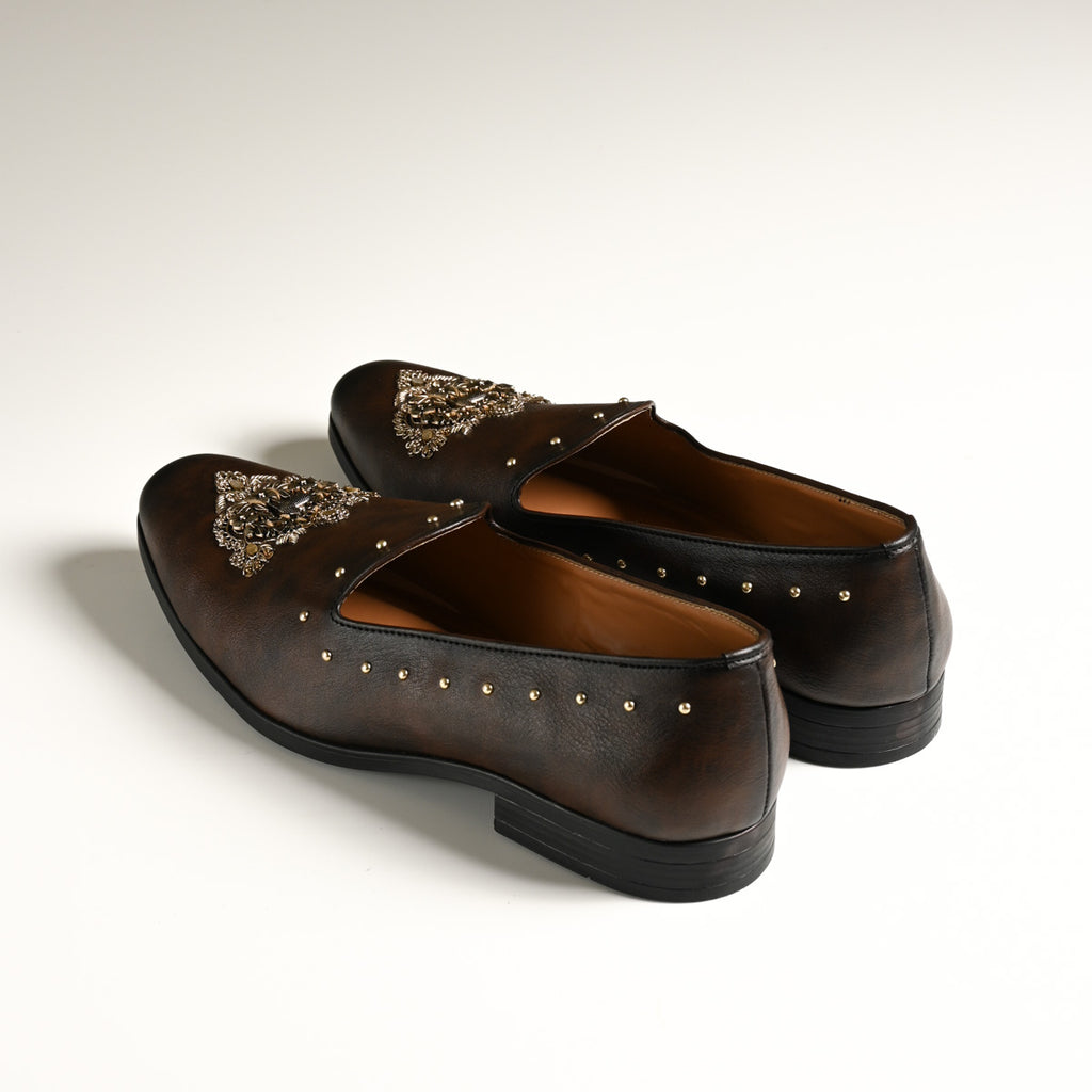 Men's Dark Brown Embellished Studded Designer Slip-On Loafers